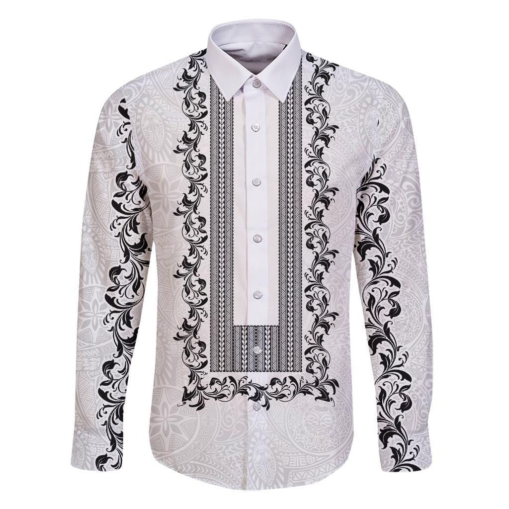 Philippines Polynesian Floral Pattern Family Matching Tank Maxi Dress and Hawaiian Shirt With Barong Tagalog White Style LT03 Dad's Shirt - Long Sleeve White - Polynesian Pride