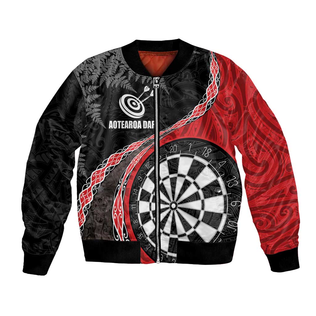 Personalised New Zealand Darts Bomber Jacket Koru Tribal Tattoo and Silver Fern Maori Pattern Red Color LT03 Unisex Red - Polynesian Pride