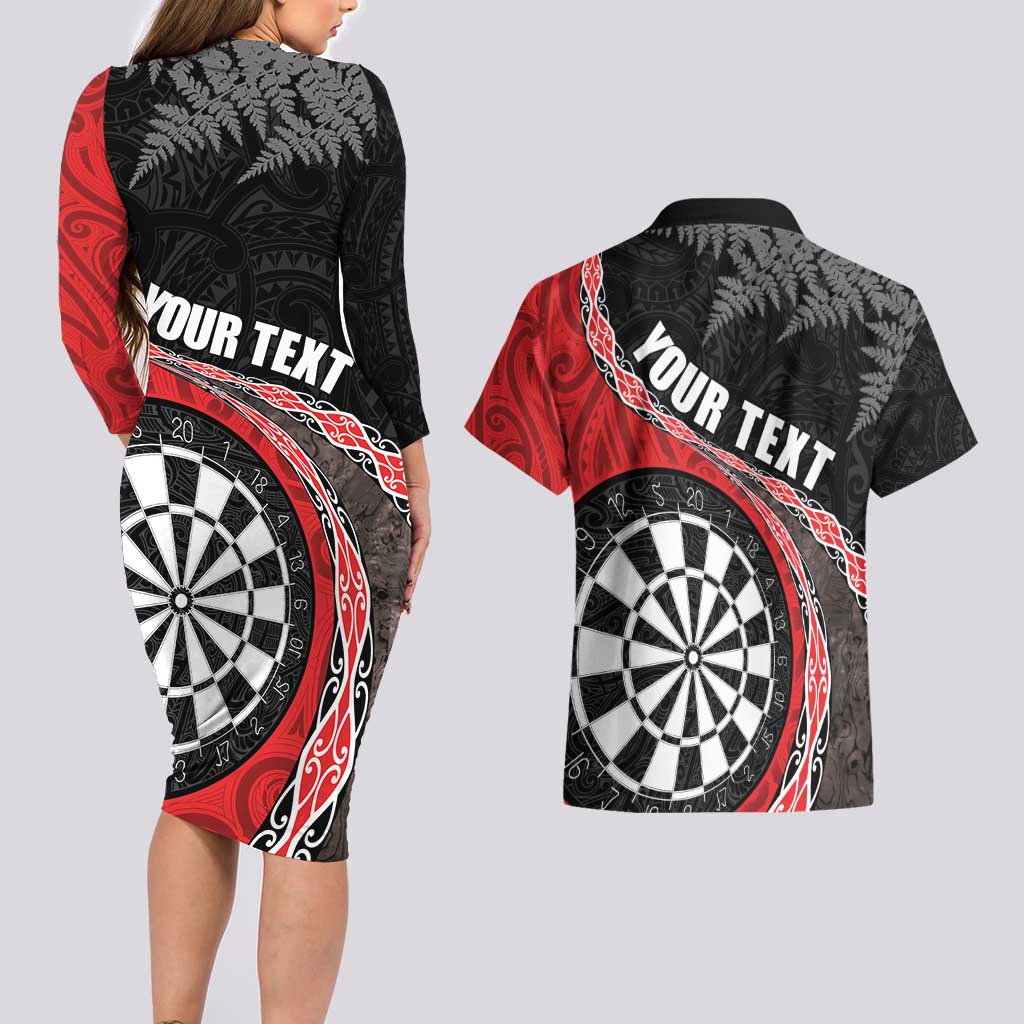 Personalised New Zealand Darts Couples Matching Long Sleeve Bodycon Dress and Hawaiian Shirt Koru Tribal Tattoo and Silver Fern Maori Pattern Red Color LT03 - Polynesian Pride