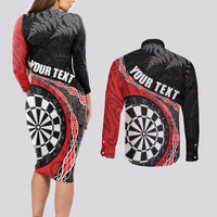 Personalised New Zealand Darts Couples Matching Long Sleeve Bodycon Dress and Long Sleeve Button Shirt Koru Tribal Tattoo and Silver Fern Maori Pattern Red Color LT03 - Polynesian Pride