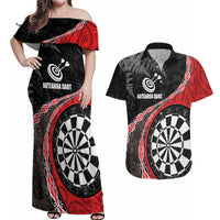 Personalised New Zealand Darts Couples Matching Off Shoulder Maxi Dress and Hawaiian Shirt Koru Tribal Tattoo and Silver Fern Maori Pattern Red Color LT03 Red - Polynesian Pride