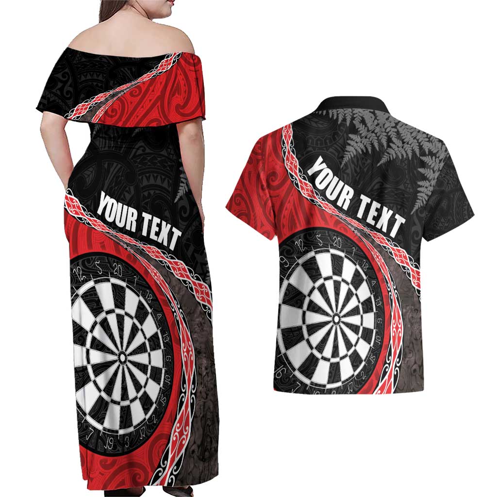 Personalised New Zealand Darts Couples Matching Off Shoulder Maxi Dress and Hawaiian Shirt Koru Tribal Tattoo and Silver Fern Maori Pattern Red Color LT03 - Polynesian Pride