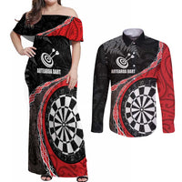 Personalised New Zealand Darts Couples Matching Off Shoulder Maxi Dress and Long Sleeve Button Shirt Koru Tribal Tattoo and Silver Fern Maori Pattern Red Color LT03 Red - Polynesian Pride