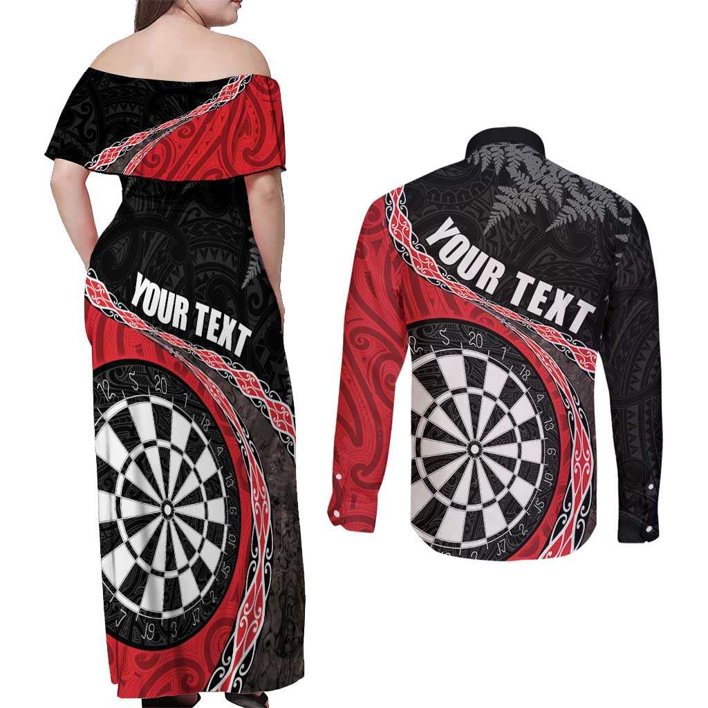 Personalised New Zealand Darts Couples Matching Off Shoulder Maxi Dress and Long Sleeve Button Shirt Koru Tribal Tattoo and Silver Fern Maori Pattern Red Color LT03 - Polynesian Pride