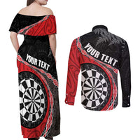 Personalised New Zealand Darts Couples Matching Off Shoulder Maxi Dress and Long Sleeve Button Shirt Koru Tribal Tattoo and Silver Fern Maori Pattern Red Color LT03 - Polynesian Pride