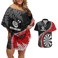 Personalised New Zealand Darts Couples Matching Off Shoulder Short Dress and Hawaiian Shirt Koru Tribal Tattoo and Silver Fern Maori Pattern Red Color LT03 Red - Polynesian Pride