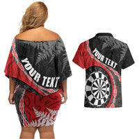 Personalised New Zealand Darts Couples Matching Off Shoulder Short Dress and Hawaiian Shirt Koru Tribal Tattoo and Silver Fern Maori Pattern Red Color LT03 - Polynesian Pride
