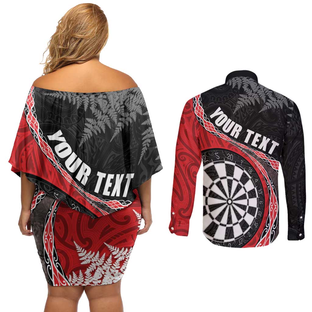 Personalised New Zealand Darts Couples Matching Off Shoulder Short Dress and Long Sleeve Button Shirt Koru Tribal Tattoo and Silver Fern Maori Pattern Red Color LT03 - Polynesian Pride