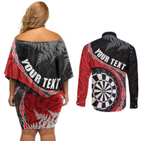 Personalised New Zealand Darts Couples Matching Off Shoulder Short Dress and Long Sleeve Button Shirt Koru Tribal Tattoo and Silver Fern Maori Pattern Red Color LT03 - Polynesian Pride