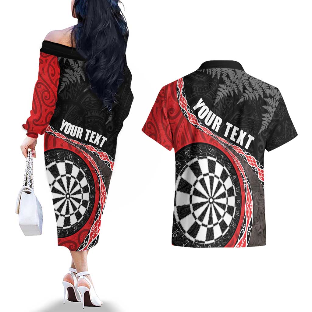 Personalised New Zealand Darts Couples Matching Off The Shoulder Long Sleeve Dress and Hawaiian Shirt Koru Tribal Tattoo and Silver Fern Maori Pattern Red Color LT03 - Polynesian Pride