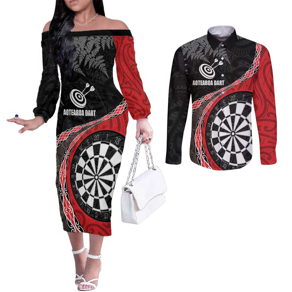Personalised New Zealand Darts Couples Matching Off The Shoulder Long Sleeve Dress and Long Sleeve Button Shirt Koru Tribal Tattoo and Silver Fern Maori Pattern Red Color LT03 Red - Polynesian Pride