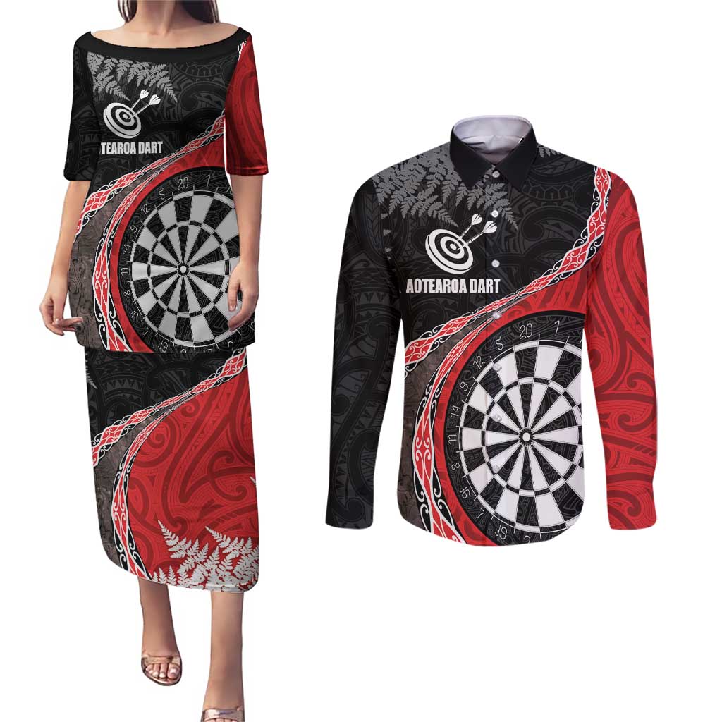Personalised New Zealand Darts Couples Matching Puletasi and Long Sleeve Button Shirt Koru Tribal Tattoo and Silver Fern Maori Pattern Red Color LT03 Red - Polynesian Pride