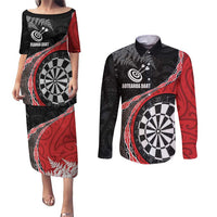 Personalised New Zealand Darts Couples Matching Puletasi and Long Sleeve Button Shirt Koru Tribal Tattoo and Silver Fern Maori Pattern Red Color LT03 Red - Polynesian Pride