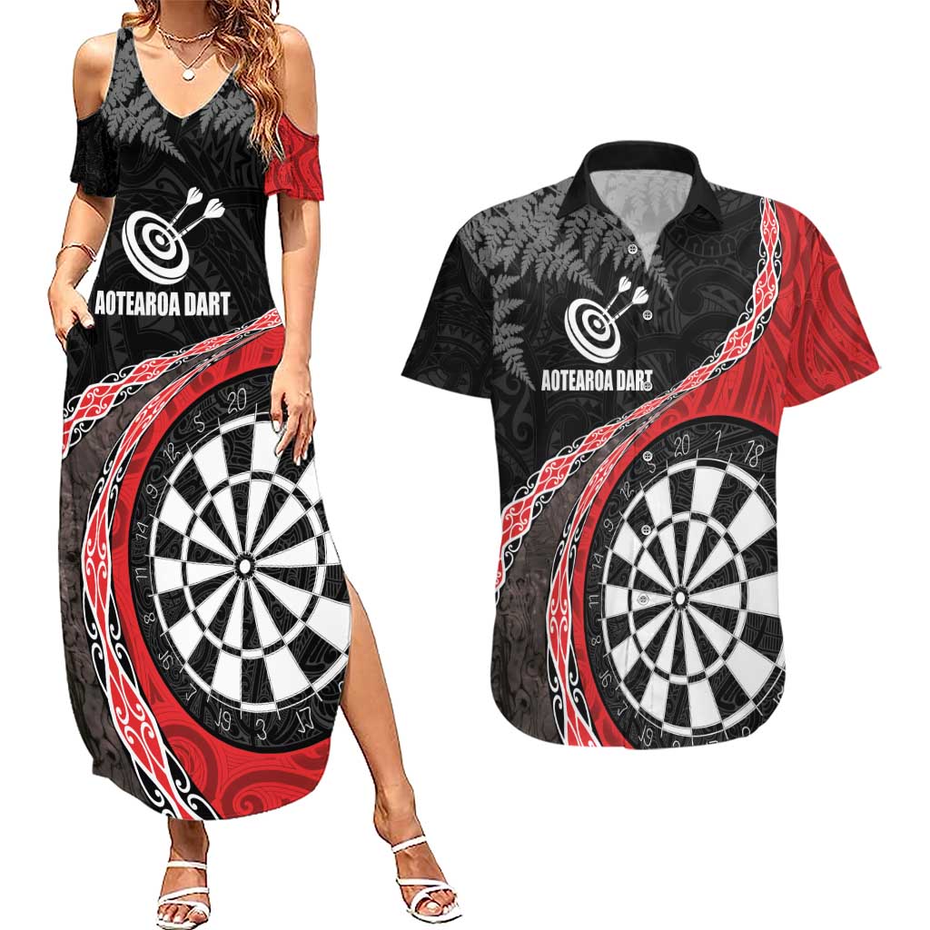 Personalised New Zealand Darts Couples Matching Summer Maxi Dress and Hawaiian Shirt Koru Tribal Tattoo and Silver Fern Maori Pattern Red Color LT03 Red - Polynesian Pride