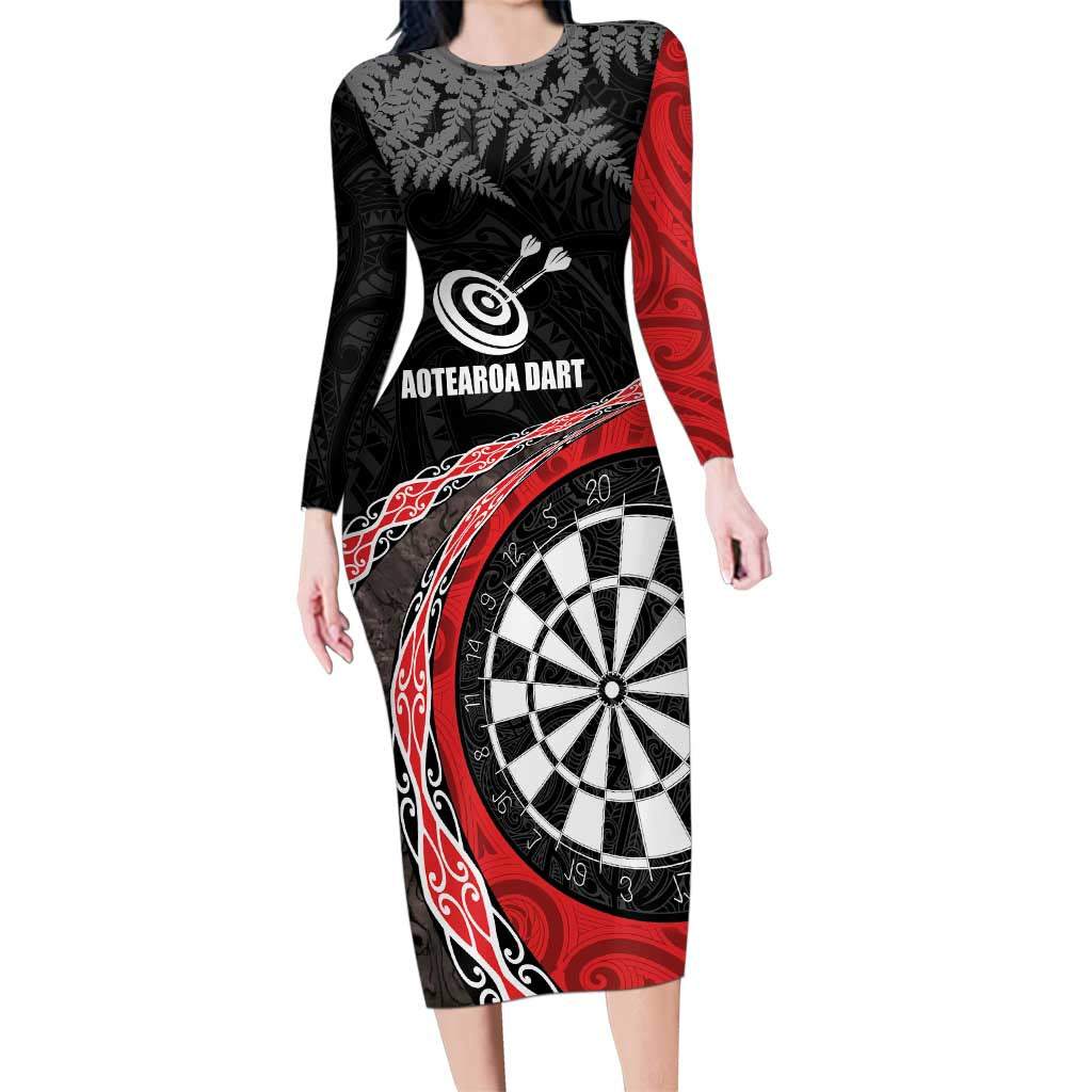 Personalised New Zealand Darts Family Matching Long Sleeve Bodycon Dress and Hawaiian Shirt Koru Tribal Tattoo and Silver Fern Maori Pattern Red Color LT03 Mom's Dress Red - Polynesian Pride
