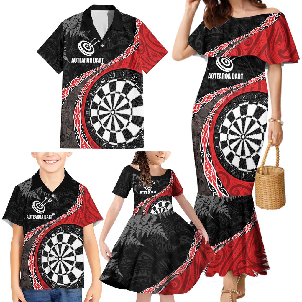 Personalised New Zealand Darts Family Matching Mermaid Dress and Hawaiian Shirt Koru Tribal Tattoo and Silver Fern Maori Pattern Red Color LT03 - Polynesian Pride