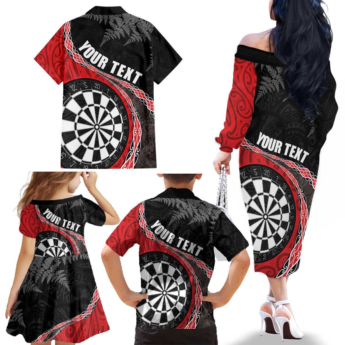 Personalised New Zealand Darts Family Matching Off The Shoulder Long Sleeve Dress and Hawaiian Shirt Koru Tribal Tattoo and Silver Fern Maori Pattern Red Color LT03 - Polynesian Pride
