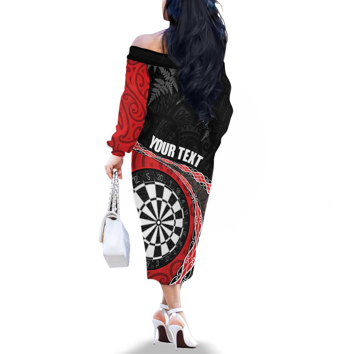 Personalised New Zealand Darts Family Matching Off The Shoulder Long Sleeve Dress and Hawaiian Shirt Koru Tribal Tattoo and Silver Fern Maori Pattern Red Color LT03 - Polynesian Pride