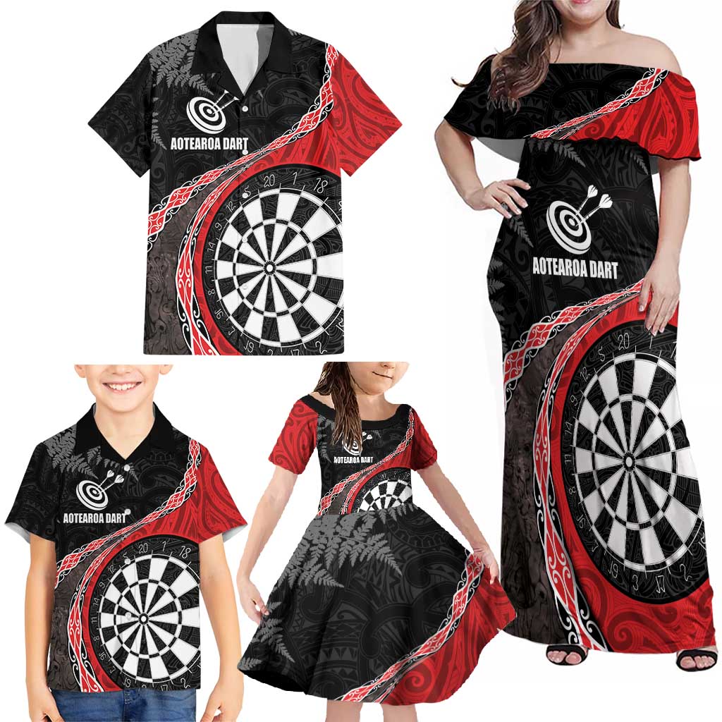 Personalised New Zealand Darts Family Matching Off Shoulder Maxi Dress and Hawaiian Shirt Koru Tribal Tattoo and Silver Fern Maori Pattern Red Color LT03 - Polynesian Pride