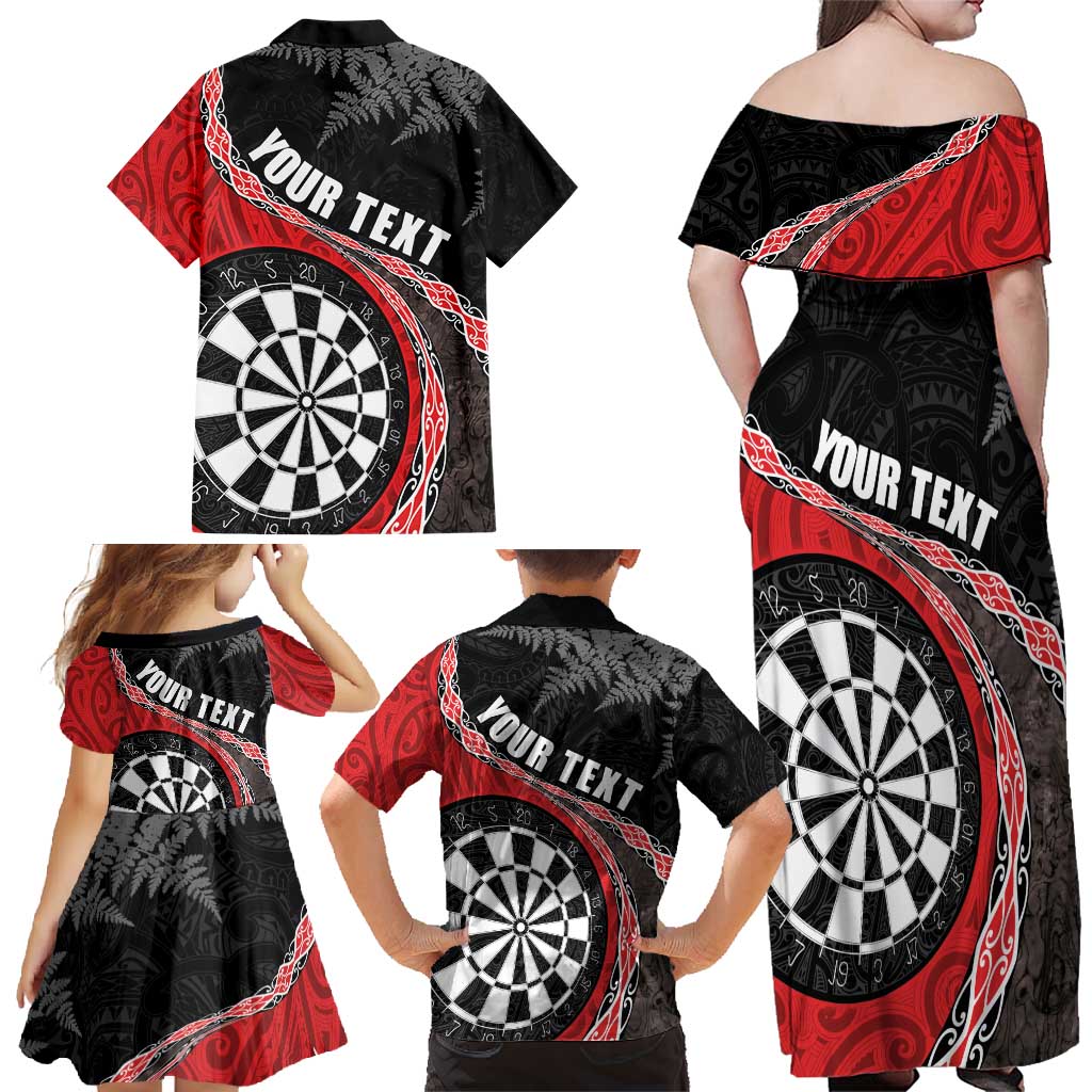 Personalised New Zealand Darts Family Matching Off Shoulder Maxi Dress and Hawaiian Shirt Koru Tribal Tattoo and Silver Fern Maori Pattern Red Color LT03 - Polynesian Pride