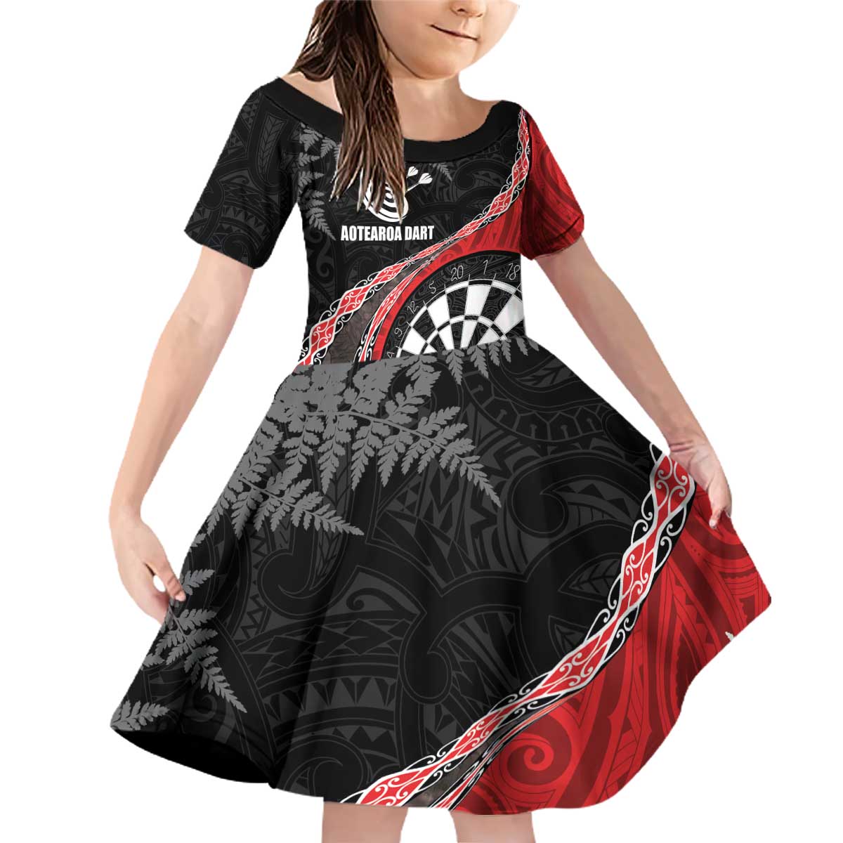 Personalised New Zealand Darts Family Matching Off Shoulder Short Dress and Hawaiian Shirt Koru Tribal Tattoo and Silver Fern Maori Pattern Red Color LT03 Daughter's Dress Red - Polynesian Pride