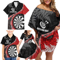 Personalised New Zealand Darts Family Matching Off Shoulder Short Dress and Hawaiian Shirt Koru Tribal Tattoo and Silver Fern Maori Pattern Red Color LT03 - Polynesian Pride