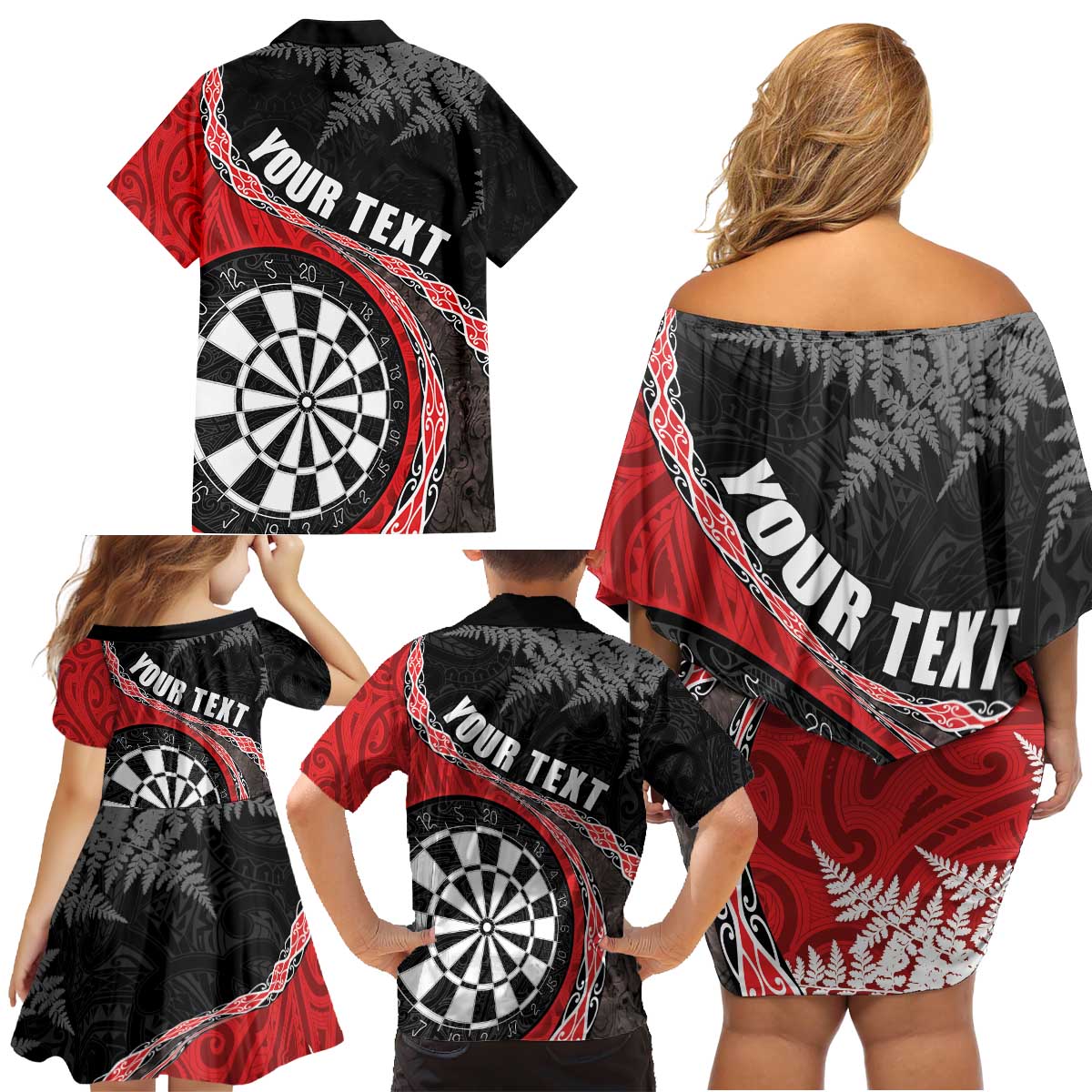 Personalised New Zealand Darts Family Matching Off Shoulder Short Dress and Hawaiian Shirt Koru Tribal Tattoo and Silver Fern Maori Pattern Red Color LT03 - Polynesian Pride