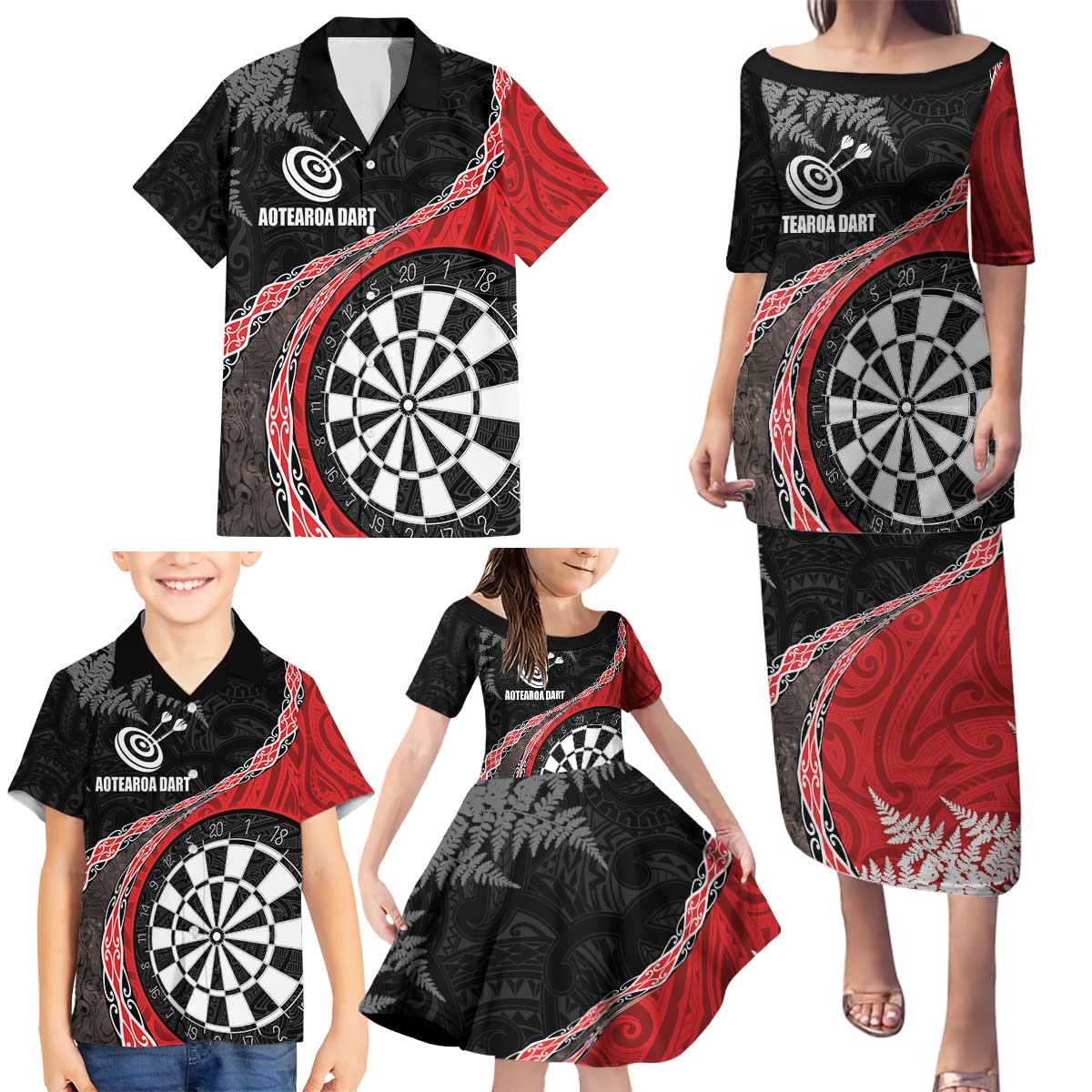Personalised New Zealand Darts Family Matching Puletasi and Hawaiian Shirt Koru Tribal Tattoo and Silver Fern Maori Pattern Red Color LT03 - Polynesian Pride