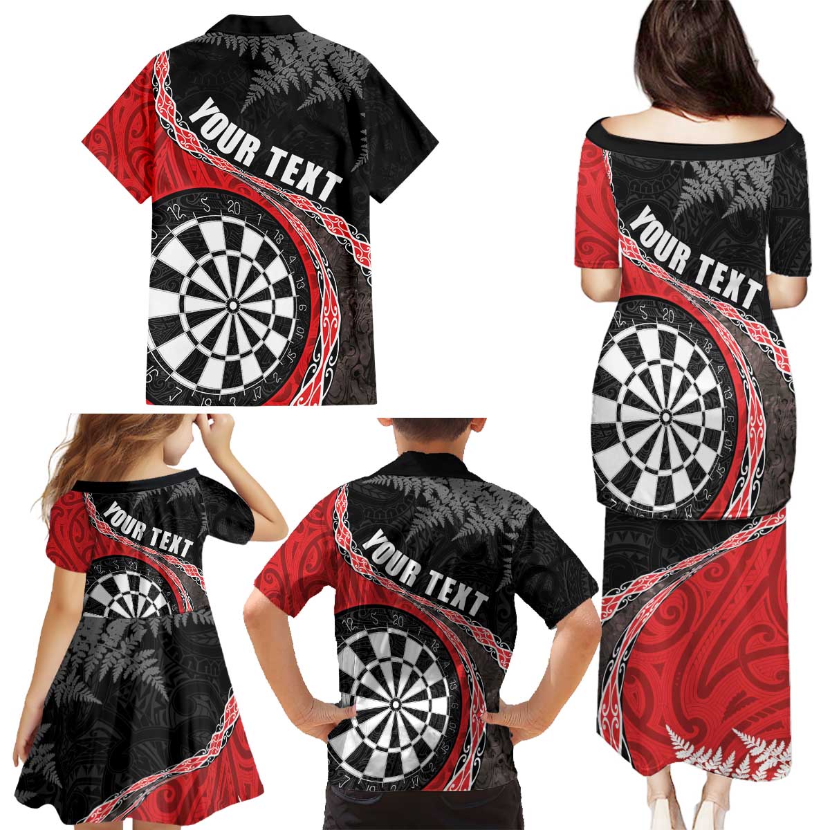 Personalised New Zealand Darts Family Matching Puletasi and Hawaiian Shirt Koru Tribal Tattoo and Silver Fern Maori Pattern Red Color LT03 - Polynesian Pride