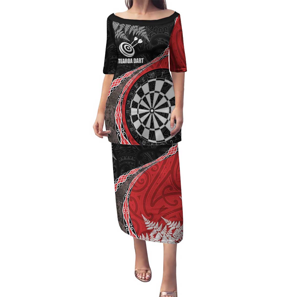 Personalised New Zealand Darts Family Matching Puletasi and Hawaiian Shirt Koru Tribal Tattoo and Silver Fern Maori Pattern Red Color LT03 Mom's Dress Red - Polynesian Pride