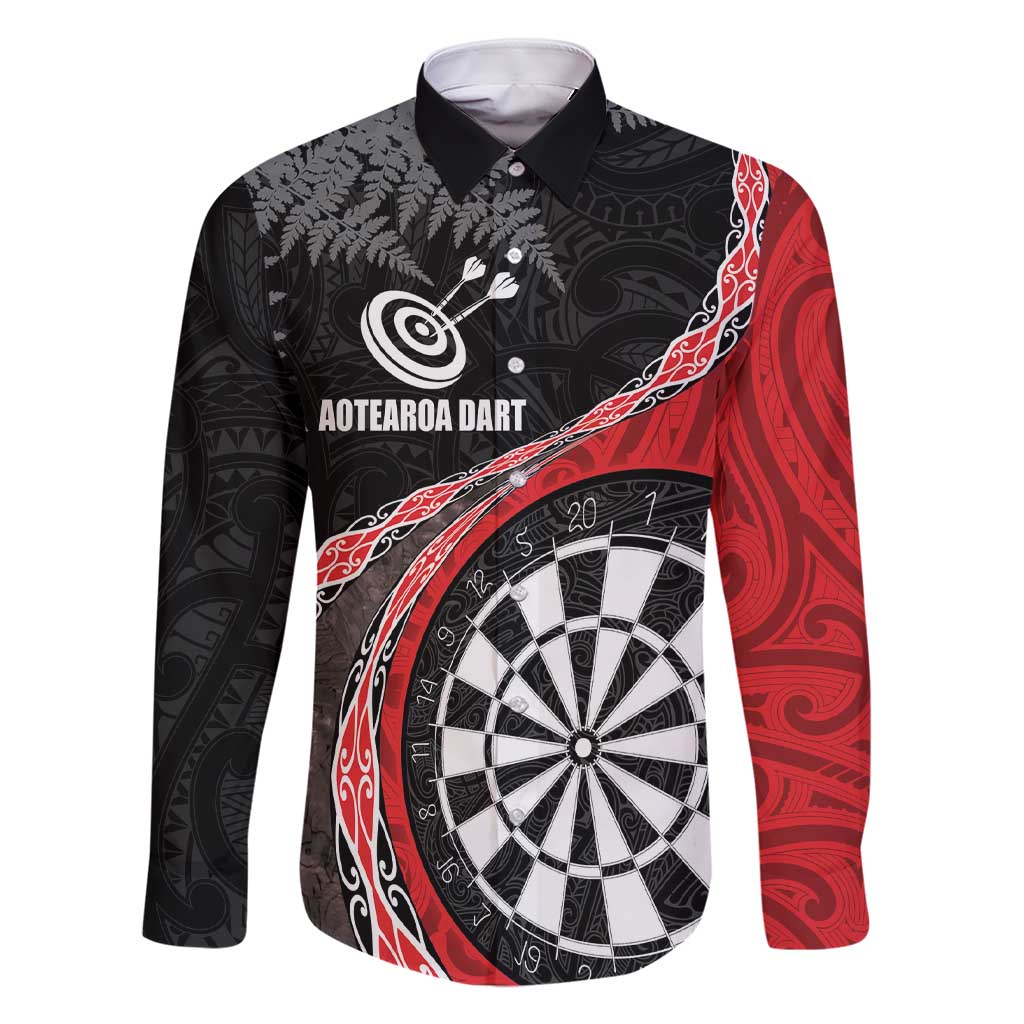 Personalised New Zealand Darts Family Matching Short Sleeve Bodycon Dress and Hawaiian Shirt Koru Tribal Tattoo and Silver Fern Maori Pattern Red Color LT03 Dad's Shirt - Long Sleeve Red - Polynesian Pride