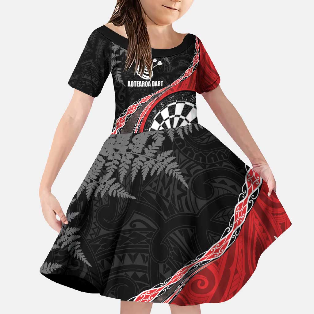 Personalised New Zealand Darts Family Matching Tank Maxi Dress and Hawaiian Shirt Koru Tribal Tattoo and Silver Fern Maori Pattern Red Color LT03 Daughter's Dress Red - Polynesian Pride