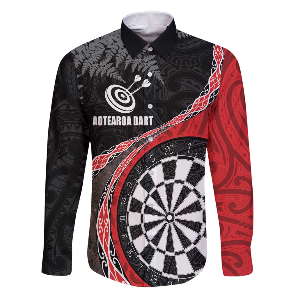 Personalised New Zealand Darts Family Matching Tank Maxi Dress and Hawaiian Shirt Koru Tribal Tattoo and Silver Fern Maori Pattern Red Color LT03 Dad's Shirt - Long Sleeve Red - Polynesian Pride