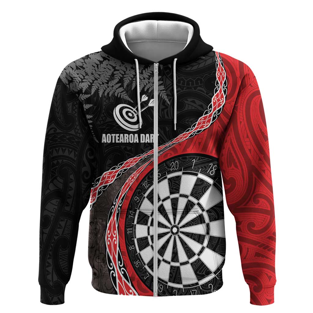 Personalised New Zealand Darts Hoodie Koru Tribal Tattoo and Silver Fern Maori Pattern Red Color LT03 Zip Hoodie Red - Polynesian Pride