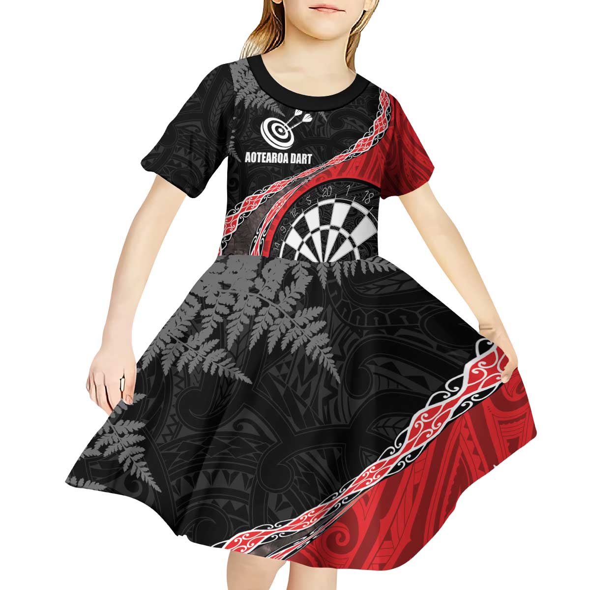 Personalised New Zealand Darts Kid Short Sleeve Dress Koru Tribal Tattoo and Silver Fern Maori Pattern Red Color LT03 - Polynesian Pride