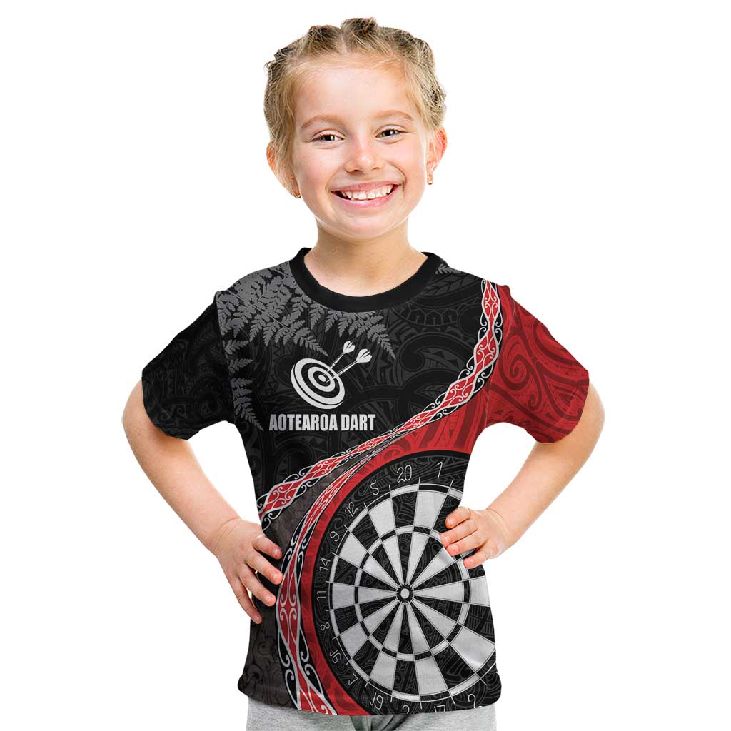 Personalised New Zealand Darts Kid T Shirt Koru Tribal Tattoo and Silver Fern Maori Pattern Red Color LT03 Red - Polynesian Pride