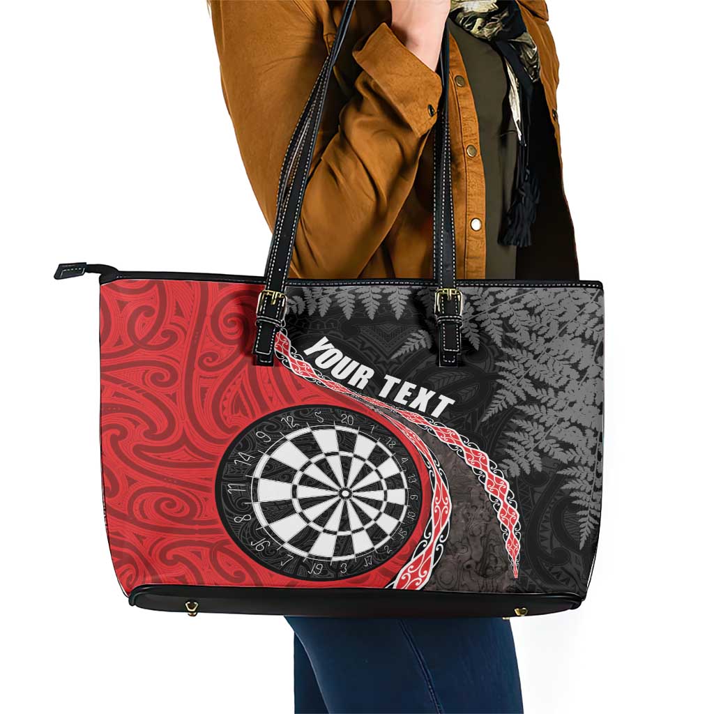 Personalised New Zealand Darts Leather Tote Bag Koru Tribal Tattoo and Silver Fern Maori Pattern Red Color LT03 - Polynesian Pride
