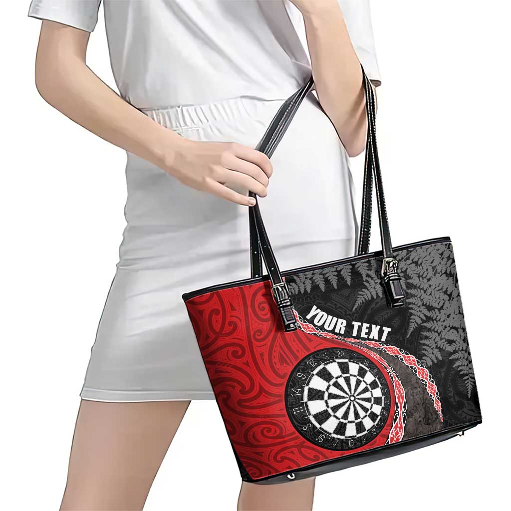 Personalised New Zealand Darts Leather Tote Bag Koru Tribal Tattoo and Silver Fern Maori Pattern Red Color LT03 - Polynesian Pride