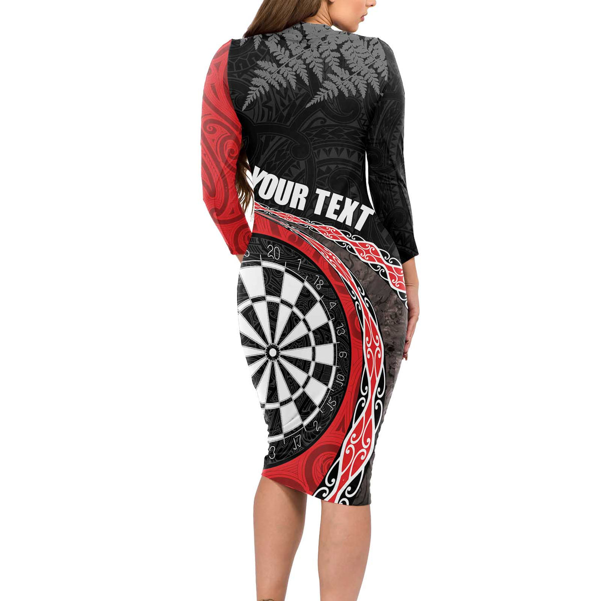 Personalised New Zealand Darts Long Sleeve Bodycon Dress Koru Tribal Tattoo and Silver Fern Maori Pattern Red Color LT03 - Polynesian Pride