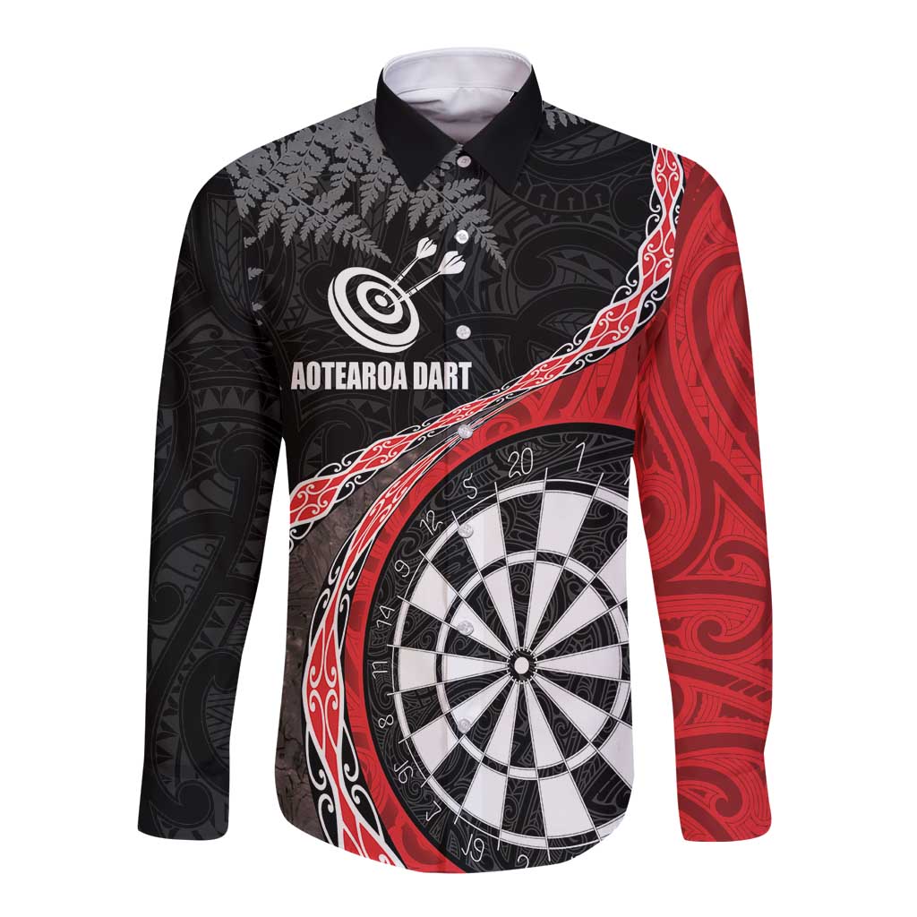 Personalised New Zealand Darts Long Sleeve Button Shirt Koru Tribal Tattoo and Silver Fern Maori Pattern Red Color LT03 Unisex Red - Polynesian Pride