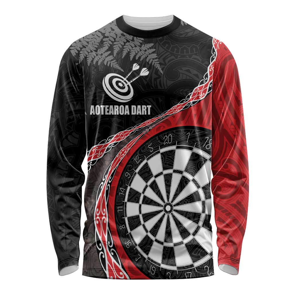Personalised New Zealand Darts Long Sleeve Shirt Koru Tribal Tattoo and Silver Fern Maori Pattern Red Color LT03 Unisex Red - Polynesian Pride