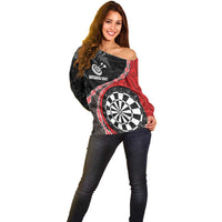Personalised New Zealand Darts Off Shoulder Sweater Koru Tribal Tattoo and Silver Fern Maori Pattern Red Color LT03 - Polynesian Pride