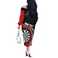 Personalised New Zealand Darts Off The Shoulder Long Sleeve Dress Koru Tribal Tattoo and Silver Fern Maori Pattern Red Color LT03 - Polynesian Pride