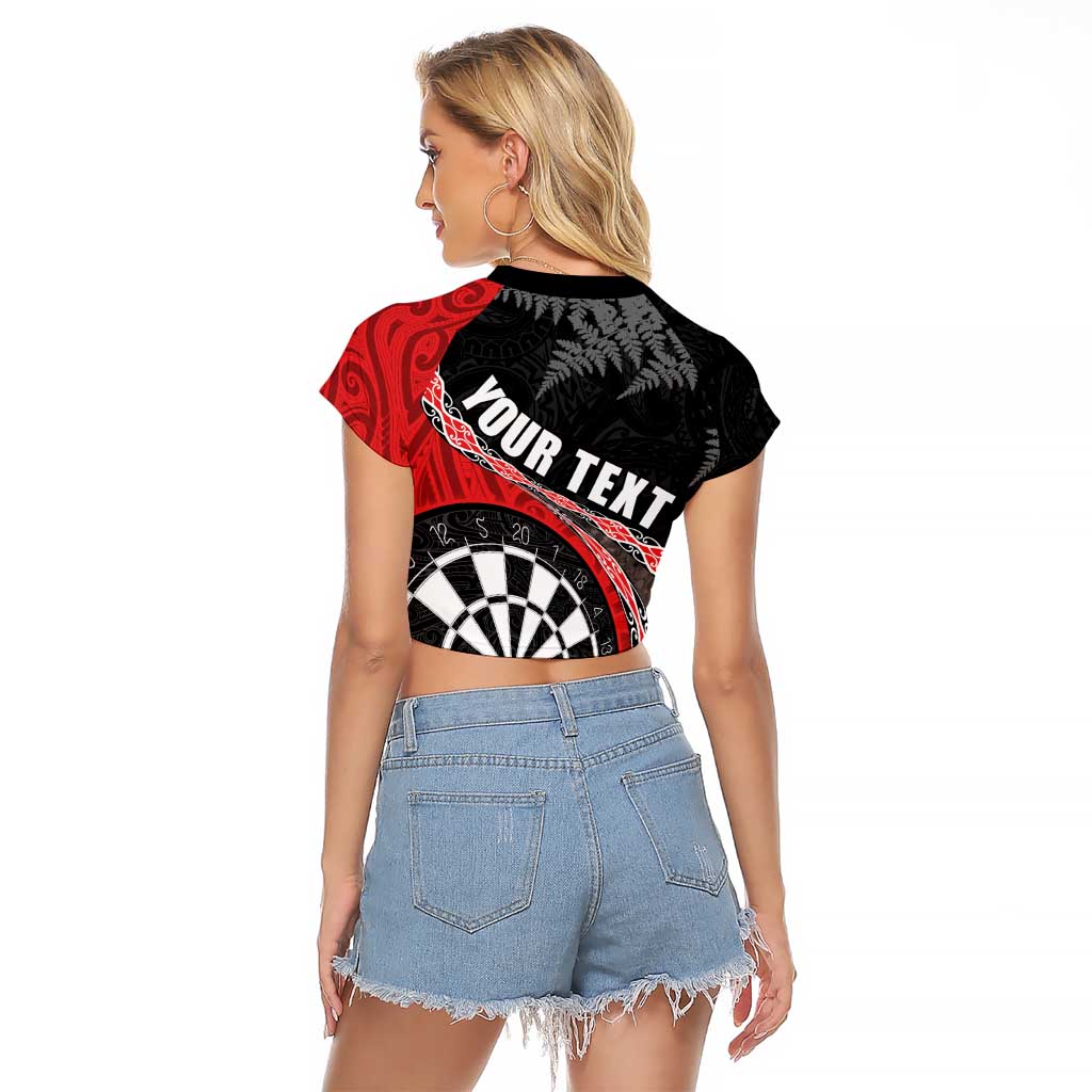 Personalised New Zealand Darts Raglan Cropped T Shirt Koru Tribal Tattoo and Silver Fern Maori Pattern Red Color LT03 - Polynesian Pride