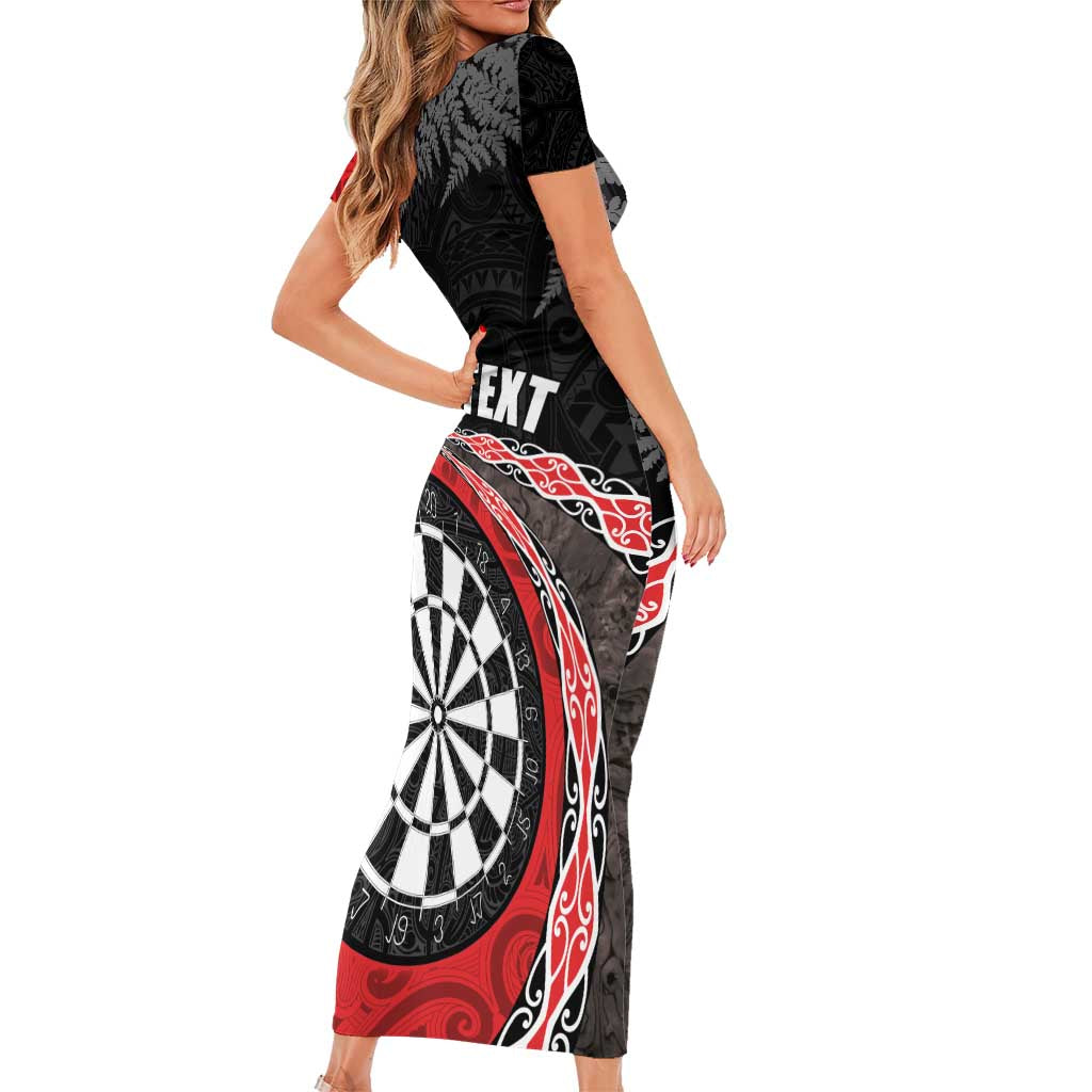 Personalised New Zealand Darts Short Sleeve Bodycon Dress Koru Tribal Tattoo and Silver Fern Maori Pattern Red Color LT03 - Polynesian Pride