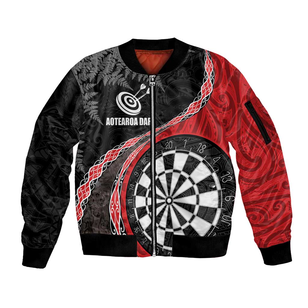 Personalised New Zealand Darts Sleeve Zip Bomber Jacket Koru Tribal Tattoo and Silver Fern Maori Pattern Red Color LT03 Unisex Red - Polynesian Pride