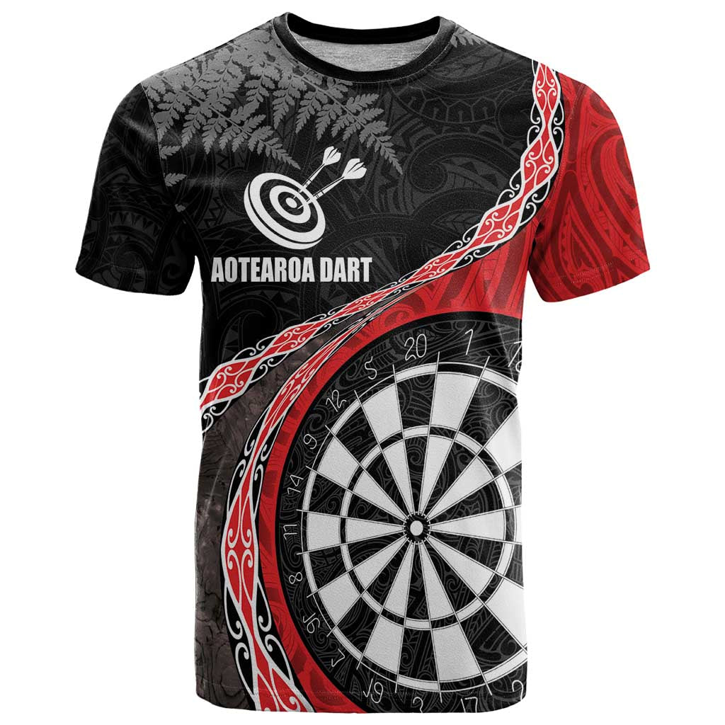Personalised New Zealand Darts T Shirt Koru Tribal Tattoo and Silver Fern Maori Pattern Red Color LT03 Red - Polynesian Pride