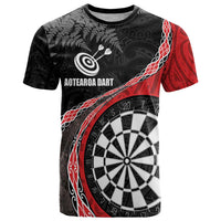 Personalised New Zealand Darts T Shirt Koru Tribal Tattoo and Silver Fern Maori Pattern Red Color LT03 Red - Polynesian Pride