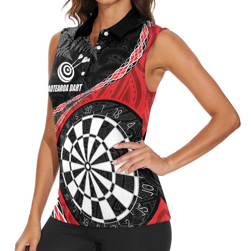 Personalised New Zealand Darts Women Sleeveless Polo Shirt - Koru Tribal Tattoo and Silver Fern Maori Pattern Red LT03 - Polynesian Pride