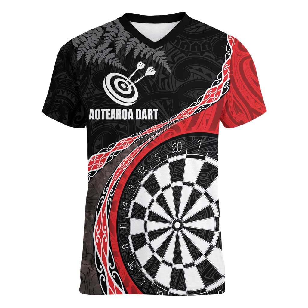 Personalised New Zealand Darts Women V-Neck T-Shirt Koru Tribal Tattoo and Silver Fern Maori Pattern Red Color LT03 Female Red - Polynesian Pride